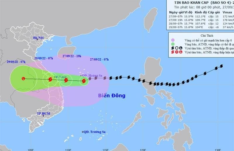 Vị trí và hướng di chuyển của bão số 4. (Nguồn: nchmf.gov.vn)