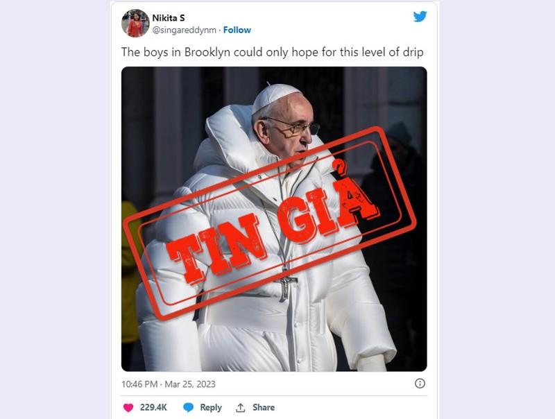 Bức ảnh về Giáo hoàng Francis do AI tạo ra được chia sẻ rộng rãi trên mạng xã hội Twitter. (Ảnh chụp màn hình)