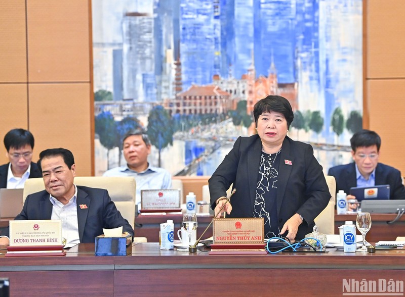 Phó Trưởng Đoàn giám sát, Chủ nhiệm Ủy ban Xã hội của Quốc hội Nguyễn Thúy Anh trình bày báo cáo tại phiên họp sáng 11/4. (Ảnh: DUY LINH)