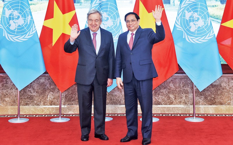 Sáng 22/10/2022, tại Hà Nội, Thủ tướng Phạm Minh Chính tiếp Tổng Thư ký Liên hợp quốc António Guterres thăm chính thức Việt Nam. Ảnh trong bài: TRẦN HẢI 