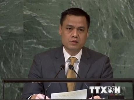 Đại sứ Đặng Hoàng Giang, Trưởng Phái đoàn Việt Nam tại Liên hợp quốc, phát biểu tại một phiên họp. (Ảnh: TTXVN phát)