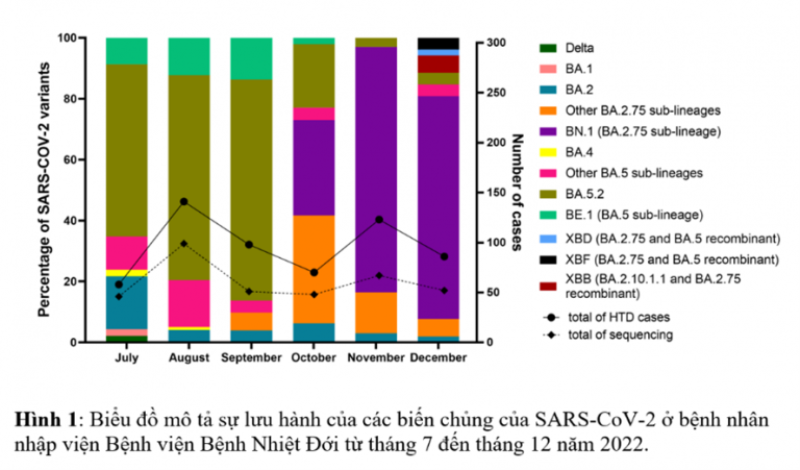 Biểu đồ mô tả sự lưu hành các biến thể SARS-CoV2 ở nhóm bệnh nhân Covid-19. (Ảnh: Bệnh viện cung cấp) 