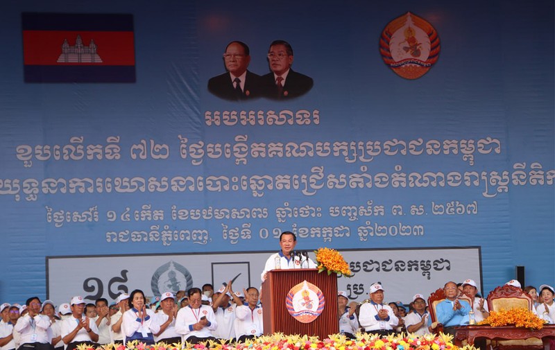 Chủ tịch CPP, Thủ tướng Samdech Techo Hun Sen phát biểu tại sự kiện. (Ảnh: NGUYỄN HIỆP)