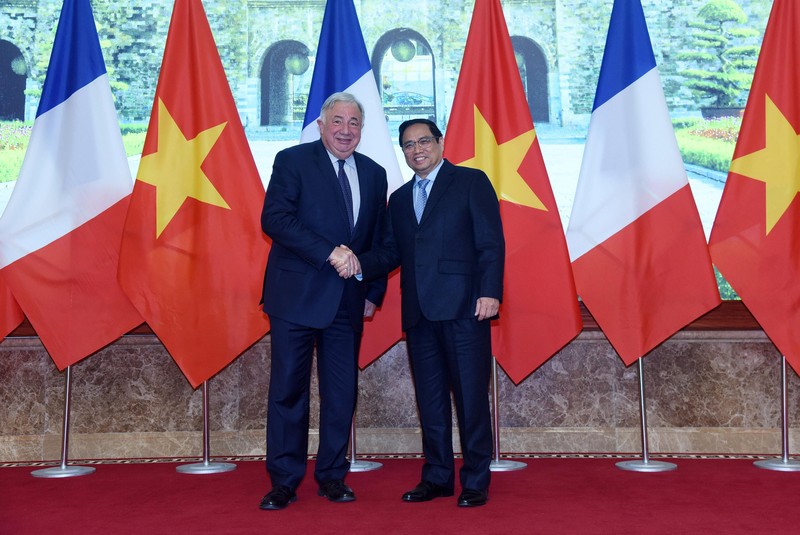 Thủ tướng Phạm Minh Chính tiếp Chủ tịch Thượng viện Cộng hòa Pháp Gérard Larcher. (Ảnh: Trần Hải)