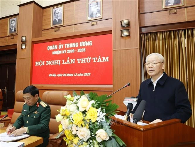 Tổng Bí thư Nguyễn Phú Trọng phát biểu kết luận hội nghị. (Ảnh: TTXVN)