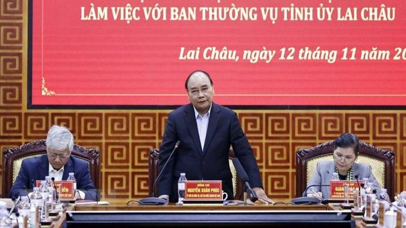 Chủ tịch nước Nguyễn Xuân Phúc phát biểu chỉ đạo tại buổi làm việc với Ban Thường vụ Tỉnh ủy Lai Châu. (Ảnh: Thống Nhất/TTXVN)