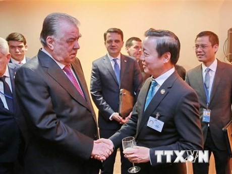 Phó Thủ tướng Trần Hồng Hà gặp Tổng thống Tajikistan Emomali Rahmon. (Ảnh: TTXVN)