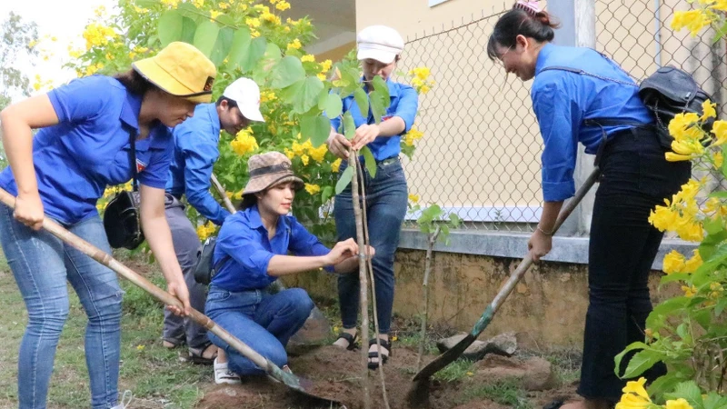 Đoàn viên thanh niên tham gia trồng cây xanh tại xã An Hiệp và xã An Hòa Hải, Tuy An, Phú Yên.