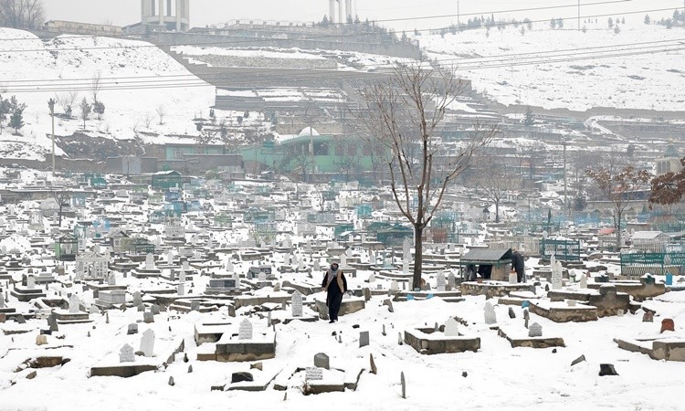 Một người đàn ông đi trong nghĩa trang phủ đầy tuyết ở thủ đô Kabul, Afghanistan, ngày 11/1/2023. (Ảnh: Reuters)