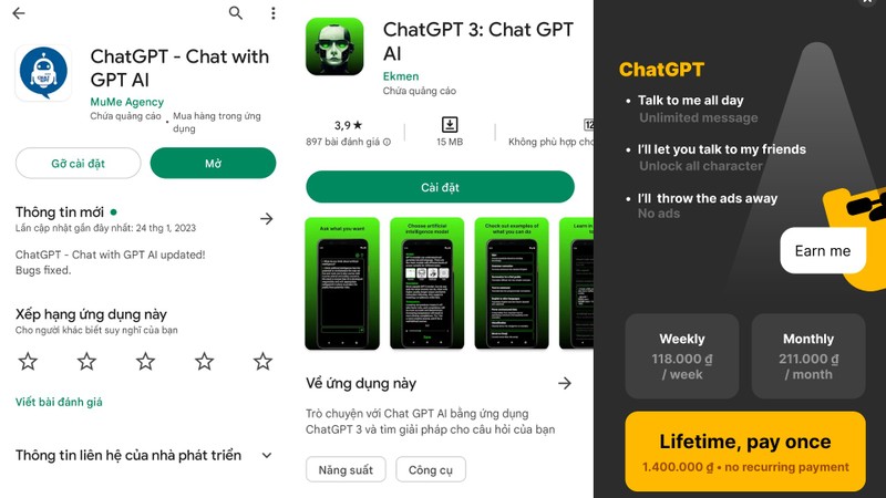Một số ứng dụng có tên ChatGPT trên CH Play. 