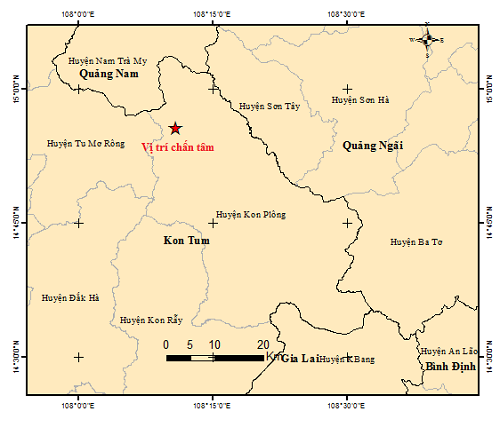 Bản đồ tâm chấn trận động đất thứ 2 tại huyện Kon Plong, Kon Tum chiều 7/2. (Ảnh: Trung tâm Báo tin động đất và cảnh báo sóng thần)