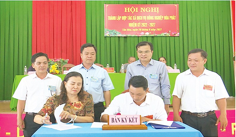 Bí thư Huyện ủy Thanh Bình, Cao Thanh Xuân (đứng thứ 2 từ phải qua) tham dự Hội nghị thành lập hợp tác xã tại xã Tân Hòa.