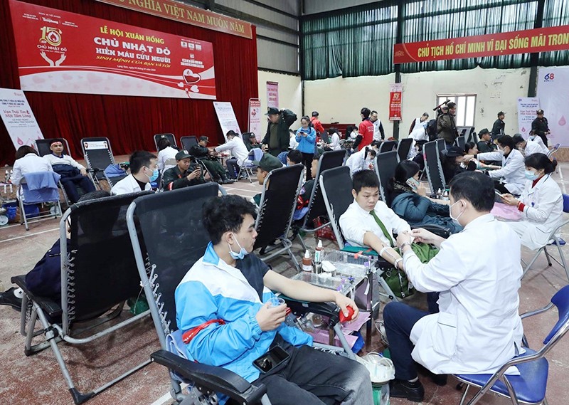 Đoàn viên, thanh niên hiến máu tình nguyện trong "Lễ hội Xuân hồng - Chủ nhật Đỏ" năm 2023 tại Lạng Sơn. (Ảnh ANH TUẤN)