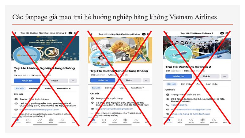 Các fanpage giả mạo trại hè hướng nghiệp hàng không. (Ảnh: Cổng thông tin điện tử Công an thành phố Hà Nội)