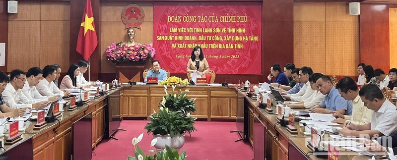 Đồng chí Đào Hồng Lan, Ủy viên Trung ương Đảng, Bộ trưởng Y tế, phát biểu tại buổi làm việc với lãnh đạo tỉnh Lạng Sơn. 