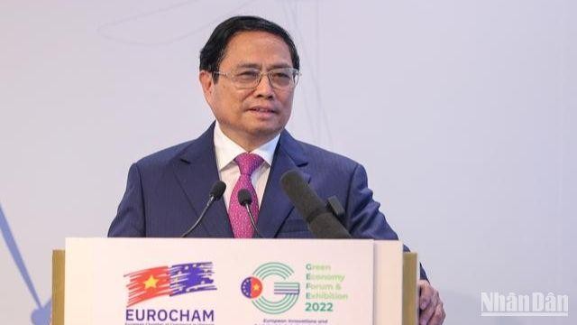 Thủ tướng Phạm Minh Chính phát biểu tại phiên khai mạc Diễn đàn và Triển lãm Kinh tế xanh 2022.