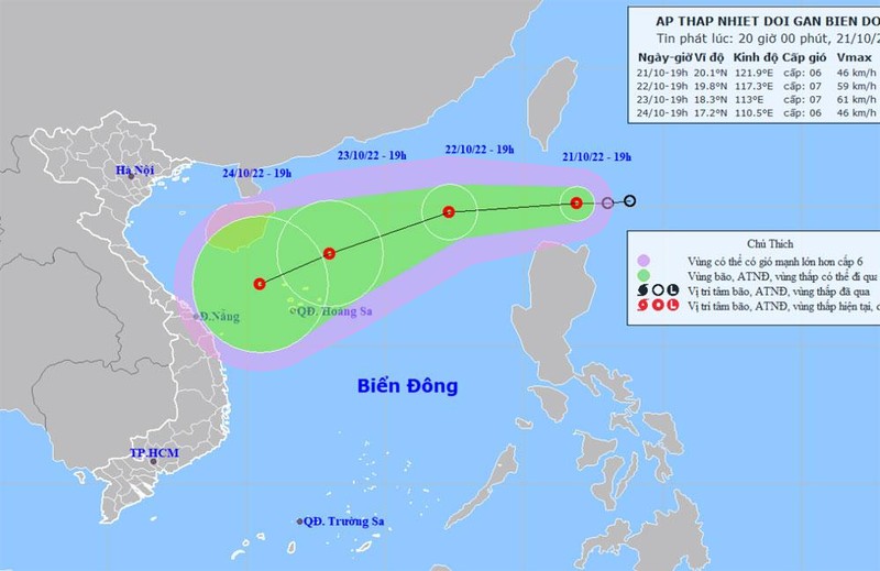 Vị trí và hướng di chuyển của áp thấp nhiệt đới. (Nguồn: nchmf.gov.vn)