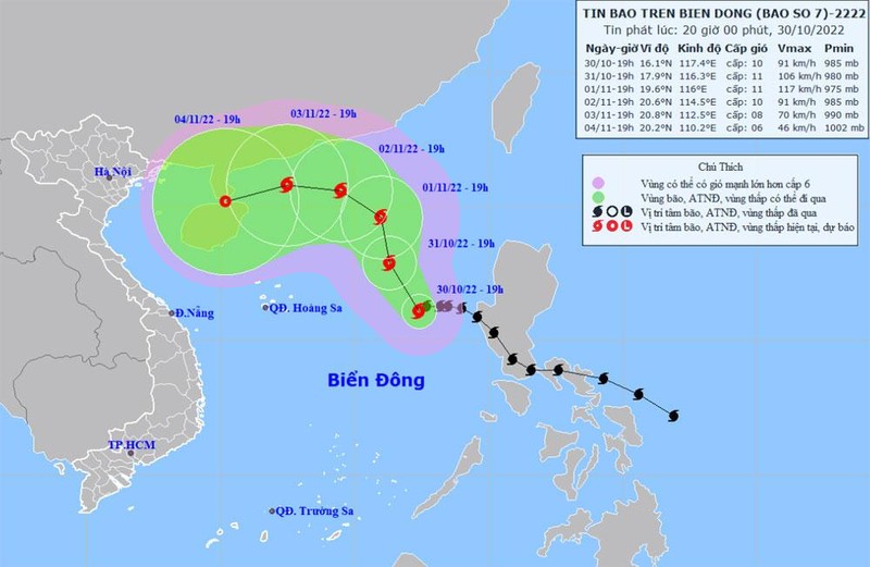 Vị trí và hướng di chuyển của bão số 7. (Nguồn: nchmf.gov.vn)