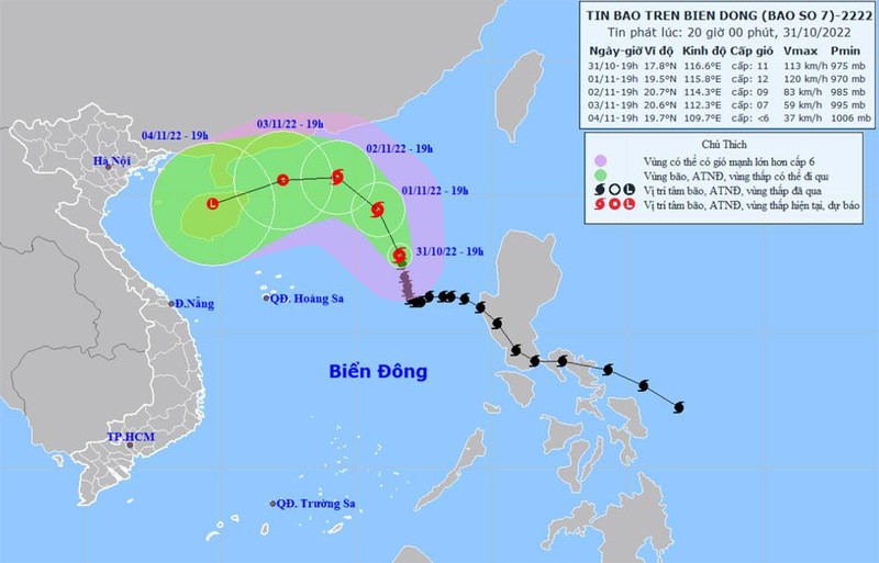 Vị trí và hướng di chuyển của bão số 7. (Nguồn: nchmf.gov.vn)