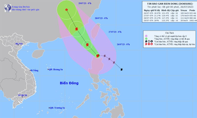 Vị trí và hướng di chuyển của bão Doksuri. (Nguồn: nchmf.gov.vn)