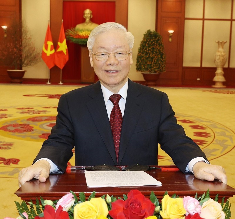 Tổng Bí thư Ban chấp hành Trung ương Đảng Cộng sản Việt Nam Nguyễn Phú Trọng gửi lời chúc năm mới (Ảnh: Trí Dũng/TTXVN)