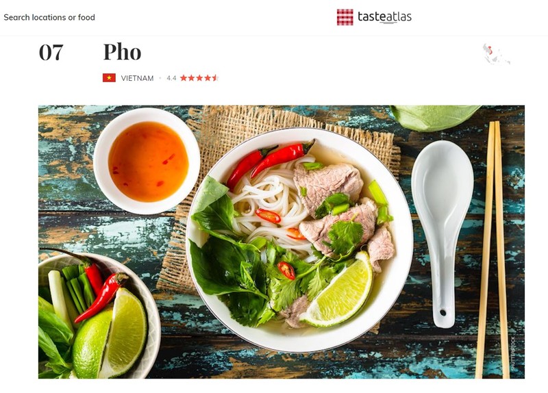Món Phở của Việt Nam thứ 7 trong danh sách 50 món ăn đường phố nổi tiếng nhất thế giới của TasteAtlas. (Ảnh chụp màn hình)