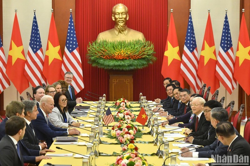 Tổng Bí thư Nguyễn Phú Trọng hội đàm với Tổng thống Hoa Kỳ Joe Biden. (Ảnh: Đăng Khoa) 