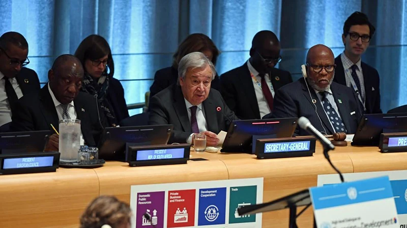 Tổng Thư ký Liên hợp quốc tại phiên Đối thoại cấp cao về tài chính vì sự phát triển. (Ảnh TÂN HOA XÃ)
