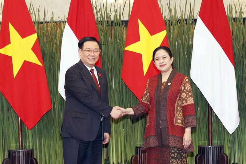 Chủ tịch Quốc hội Vương Đình Huệ và Chủ tịch Hạ viện Indonesia Puan Maharani chụp ảnh chung. (Ảnh: TTXVN) 