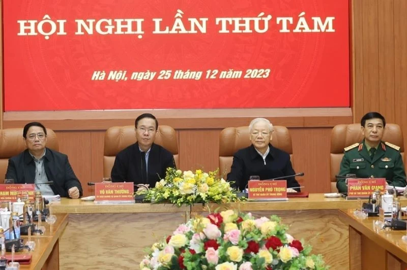 Tổng Bí thư Nguyễn Phú Trọng cùng các lãnh đạo Đảng, Nhà nước, Quân ủy Trung ương chủ trì hội nghị. (Ảnh: TTXVN)