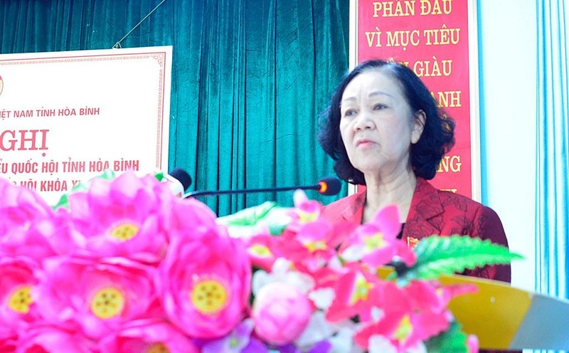 Trưởng Ban Tổ chức Trung ương Trương Thị Mai phát biểu tại buổi tiếp xúc cử tri huyện Mai Châu (Ảnh: Cổng thông tin điện tử Quốc hội)