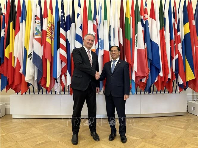 Tổng Thư ký Mathias Cormann đón Bộ trưởng Ngoại giao Bùi Thanh Sơn ngày 6/6 tại trụ sở OECD ở thủ đô Paris, Pháp (Ảnh: NGUYỄN THU HÀ/TTXVN)