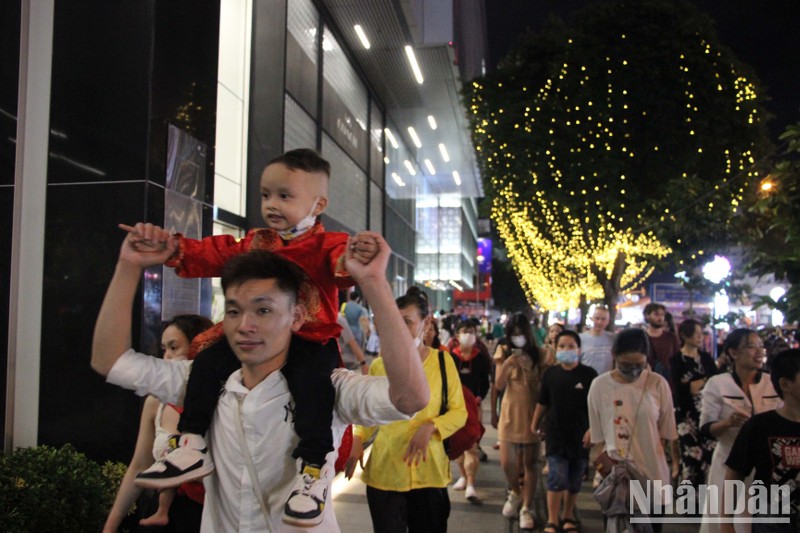 Người dân tập trung khá đông tại Đường hoa Nguyễn Huệ trong đêm giao thừa.