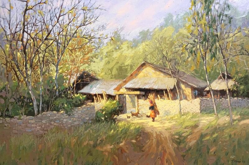 Phong cảnh vùng cao trong tranh của họa sĩ Phạm Thành tại Triển lãm “Xuôi dòng sông thu 2022”.