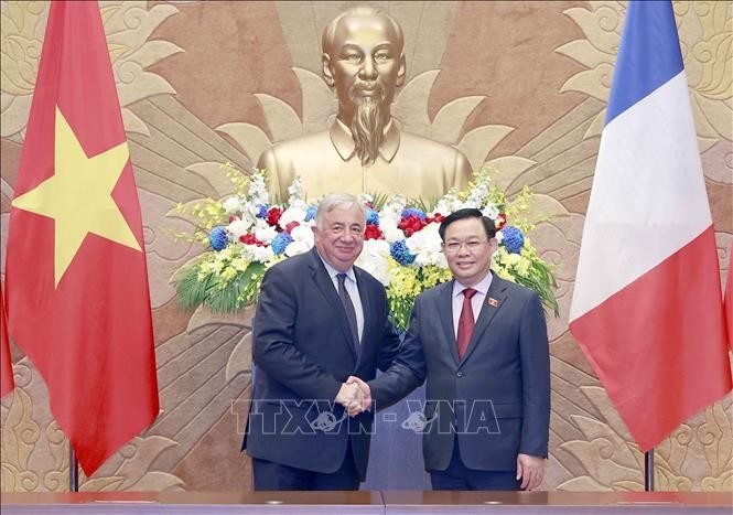 Chủ tịch Quốc hội Vương Đình Huệ và Chủ tịch Thượng viện Cộng hòa Pháp Gérard Larcher. (Ảnh: TTXVN)