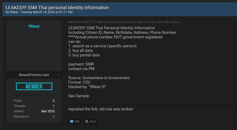 Tin tặc khẳng định đang sở hữu dữ liệu cá nhân của 55 triệu công dân Thái Lan.