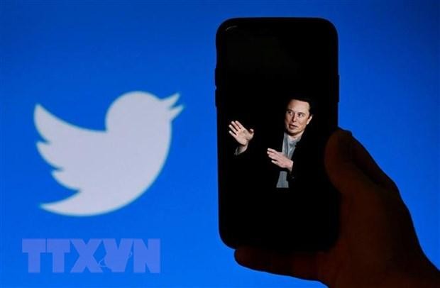 Chân dung tỷ phú Elon Musk trên màn hình điện thoại và biểu tượng Twitter (phía sau). (Ảnh: AFP/TTXVN)