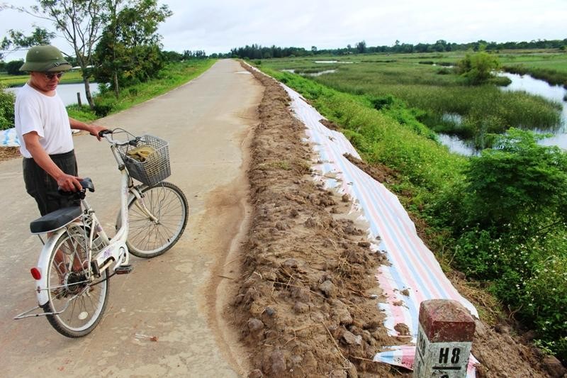 Đoạn mái đê tả phía lòng sông Mã ở xã Hoằng Đại, thành phố Thanh Hóa bị sụt.