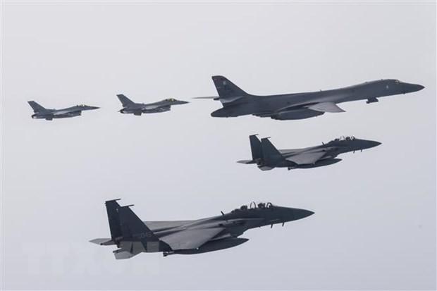 Các máy bay chiến đấu của Mỹ và Hàn Quốc tham gia cuộc tập trận không quân chung trên vùng biển phía tây Hàn Quốc ngày 3/3/2023. (Ảnh: Yonhap/TTXVN)