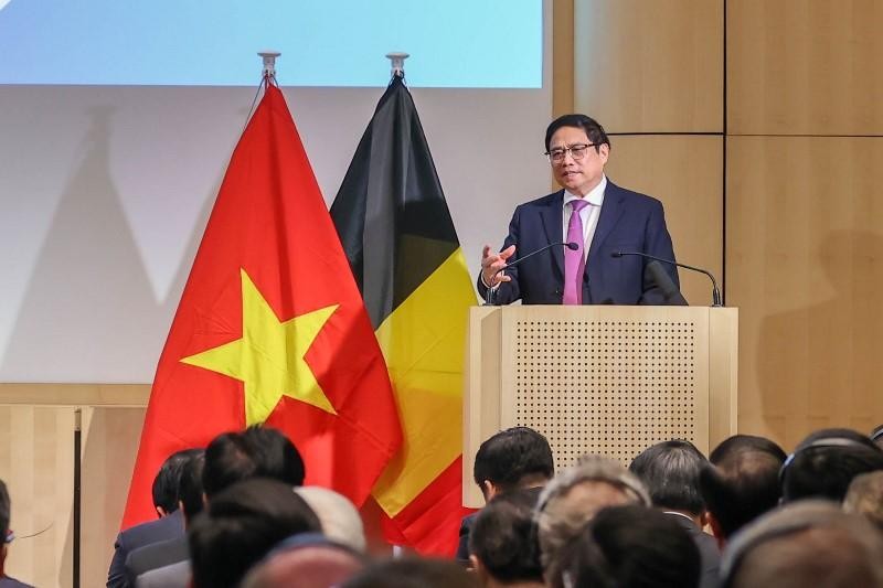 Thủ tướng Phạm Minh Chính phát biểu tại Diễn đàn Doanh nghiệp Việt Nam-Vương quốc Bỉ. (Ảnh: Nhật Bắc)