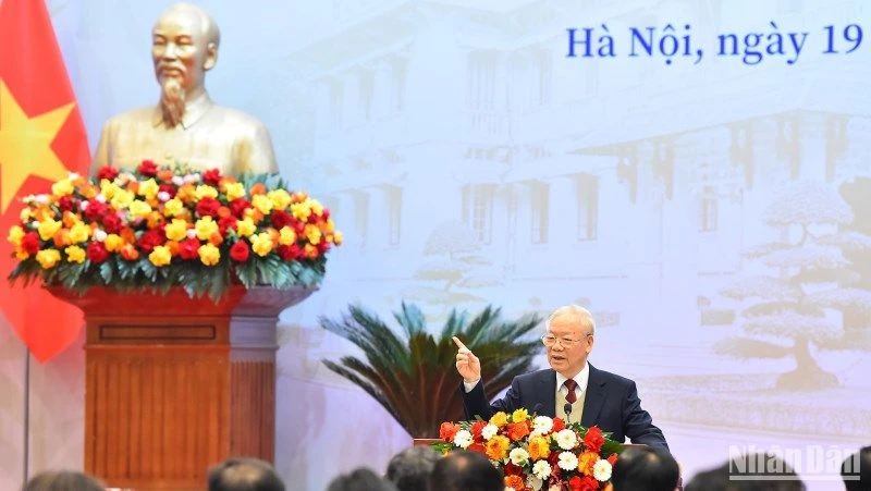 Tổng Bí thư Nguyễn Phú Trọng phát biểu chỉ đạo tại phiên khai mạc Hội nghị Ngoại giao lần thứ 32. (Ảnh: THỦY NGUYÊN)