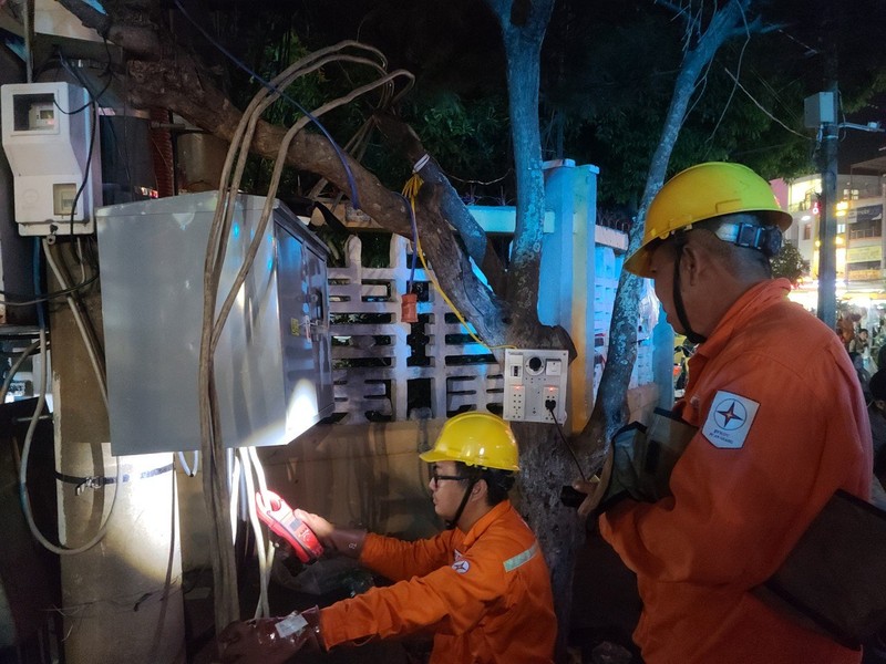 Công nhân ngành điện miền nam kiểm tra đường dây trước Tết Nguyên đán 2023.