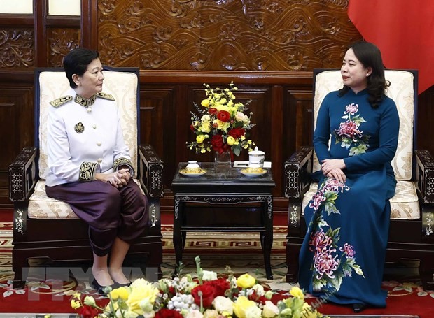 Quyền Chủ tịch nước Võ Thị Ánh Xuân tiếp Đại sứ Vương quốc Campuchia Chea Kimtha. (Ảnh: TTXVN)