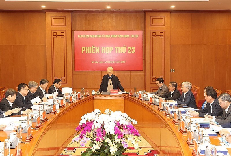 Tổng Bí thư Nguyễn Phú Trọng chủ trì Phiên họp thứ 23 của Ban Chỉ đạo Trung ương về phòng, chống tham nhũng, tiêu cực. Ảnh: TTXVN