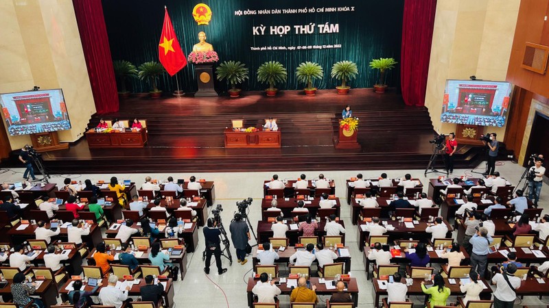 Toàn cảnh Kỳ họp thứ 8, Hội đồng nhân dân Thành phố Hồ Chí Minh khóa X, nhiệm kỳ 2021-2026.