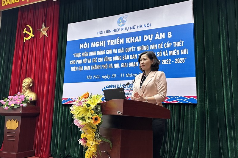 Chủ tịch Hội Liên hiệp phụ nữ thành phố Hà Nội Lê Kim Anh phát biểu tại hội nghị.