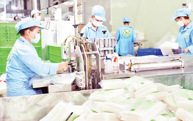 Công nhân Công ty Tân Nhiên tăng ca sản xuất bánh tráng để hoàn thành tiến độ đơn hàng xuất khẩu. 