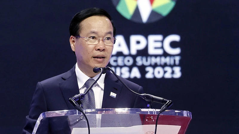 Chủ tịch nước Võ Văn Thưởng phát biểu tại Hội nghị thượng đỉnh doanh nghiệp APEC. (Ảnh TTXVN)