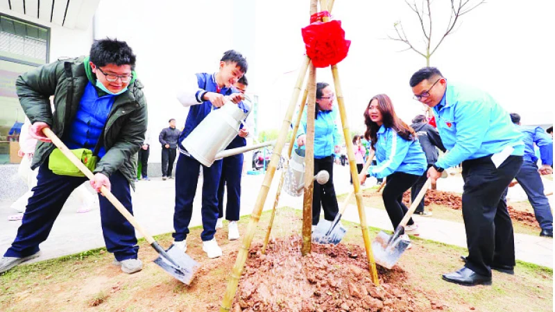 Đoàn viên, thanh niên quận Hoàng Mai tham gia trồng Hàng cây thanh niên trên địa bàn. (Ảnh THÀNH ĐOÀN HÀ NỘI)