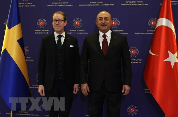 Ngoại trưởng Thổ Nhĩ Kỳ Mevlut Cavusoglu (phải) trong cuộc họp báo chung với người đồng cấp Thụy Điển Tobias Billstrom tại Ankara, ngày 22/12/2022. (Ảnh: AFP/TTXVN)